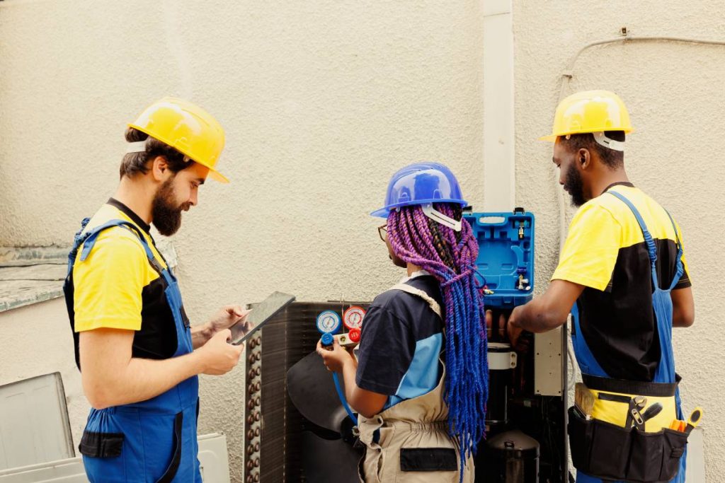 Expert repairmen and african american coworker employed by home owner to look for freon leaks on condenser evaporator coil leading to poor cooling issues during hot summer months