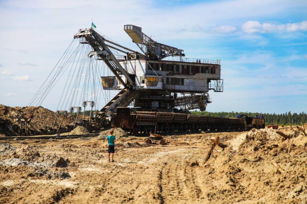 View at mine, railway, mining machinery Horizontal shot