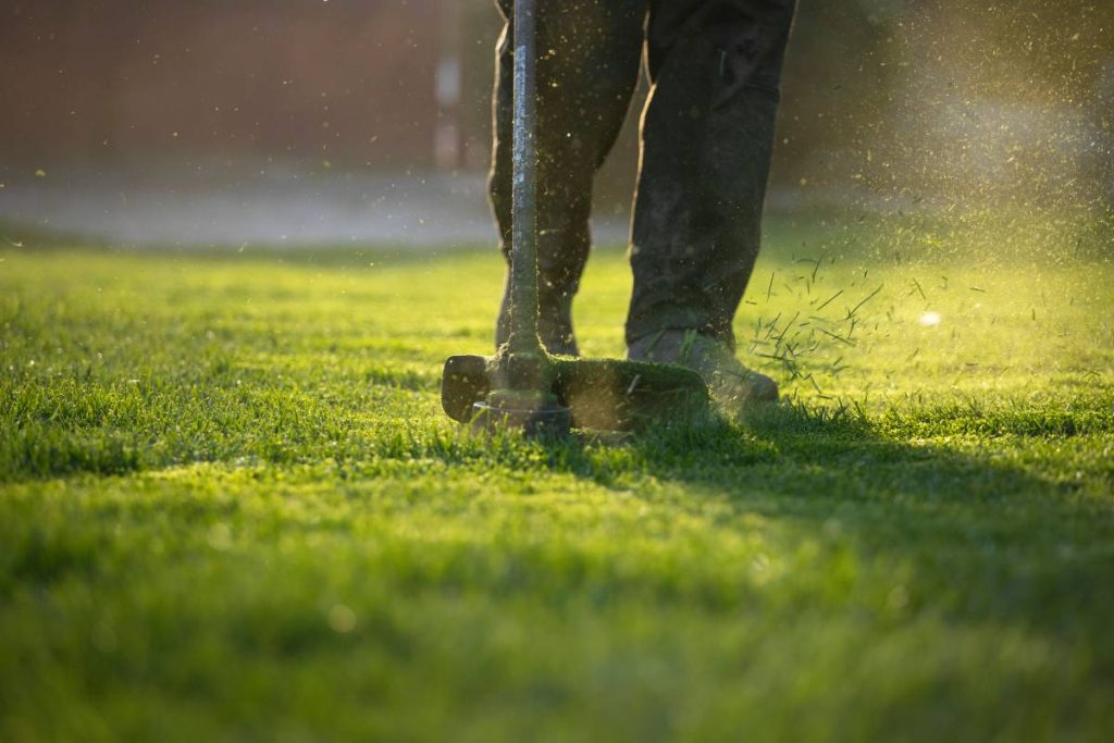 Garden worker with lawn mover. Garden works in spring.