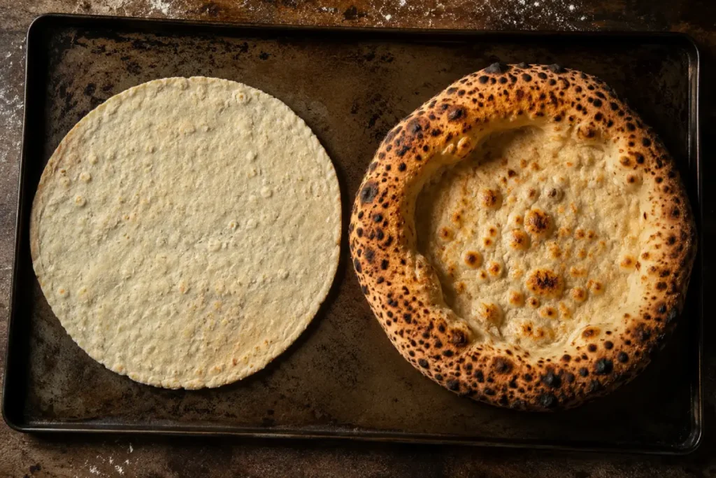 Gluten free pizza base compared with a traditional crust on a metal tray