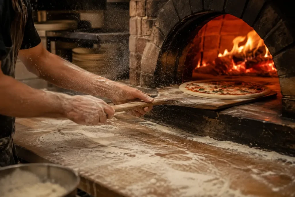Flour dust on a pizza peel and bench, a cross contamination risk in shared kitchens